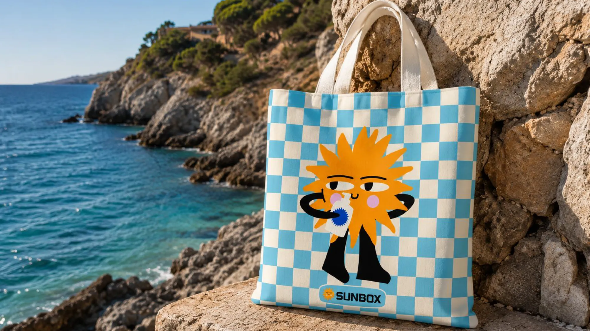 Tote bag Sunbox a scacchi azzurri con Sunny, appoggiata sugli scogli sopra il mare