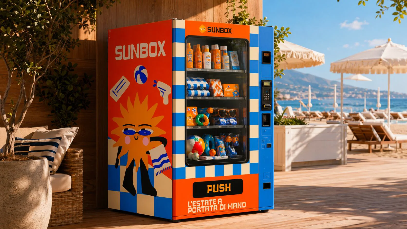 Distributore Sunbox arancione con Sunny in occhiali da sole, sotto un pergolato in spiaggia