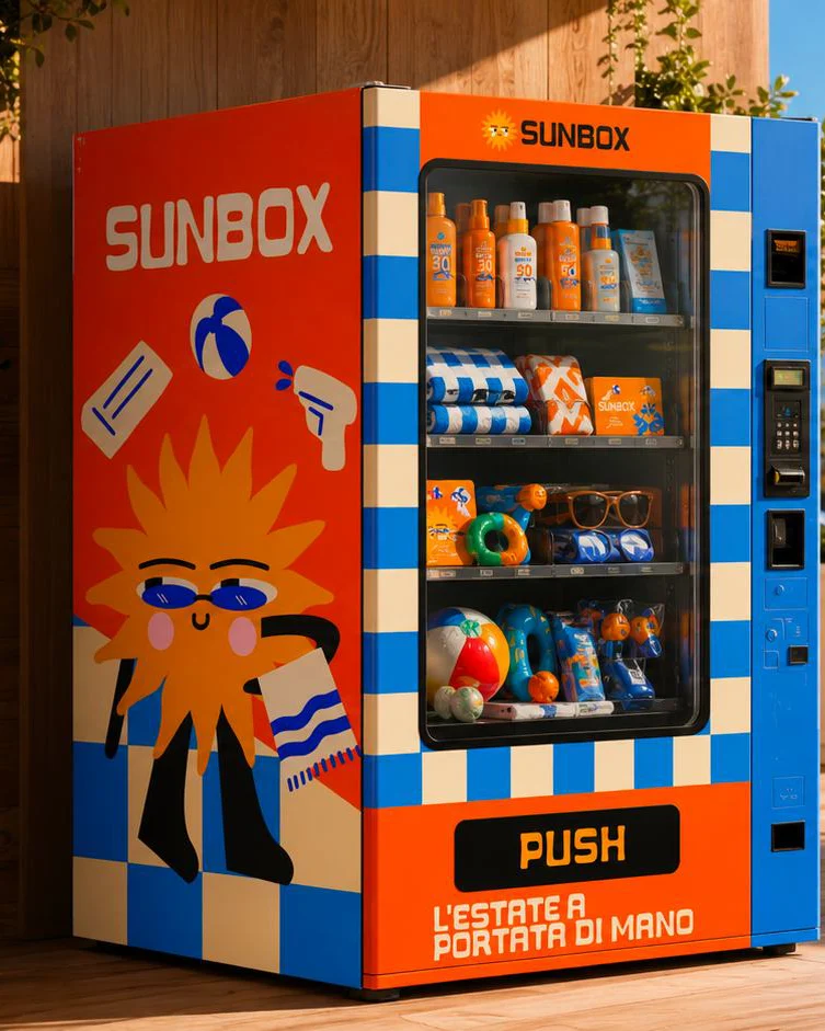 Distributore Sunbox arancione in spiaggia