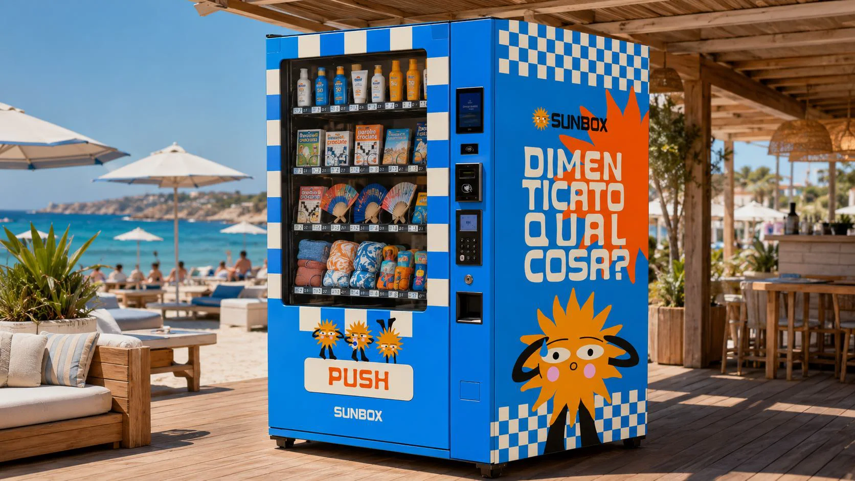 Distributore Sunbox blu con il pulsante PUSH