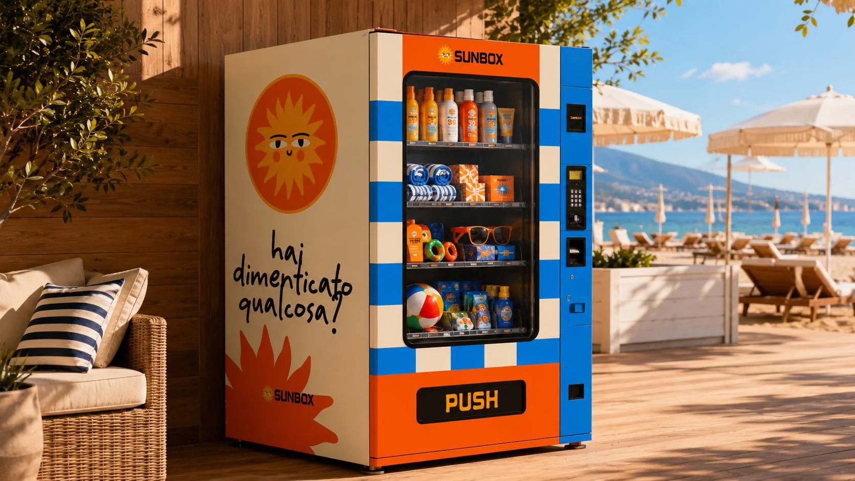Distributore Sunbox in versione chiara su una terrazza vista mare