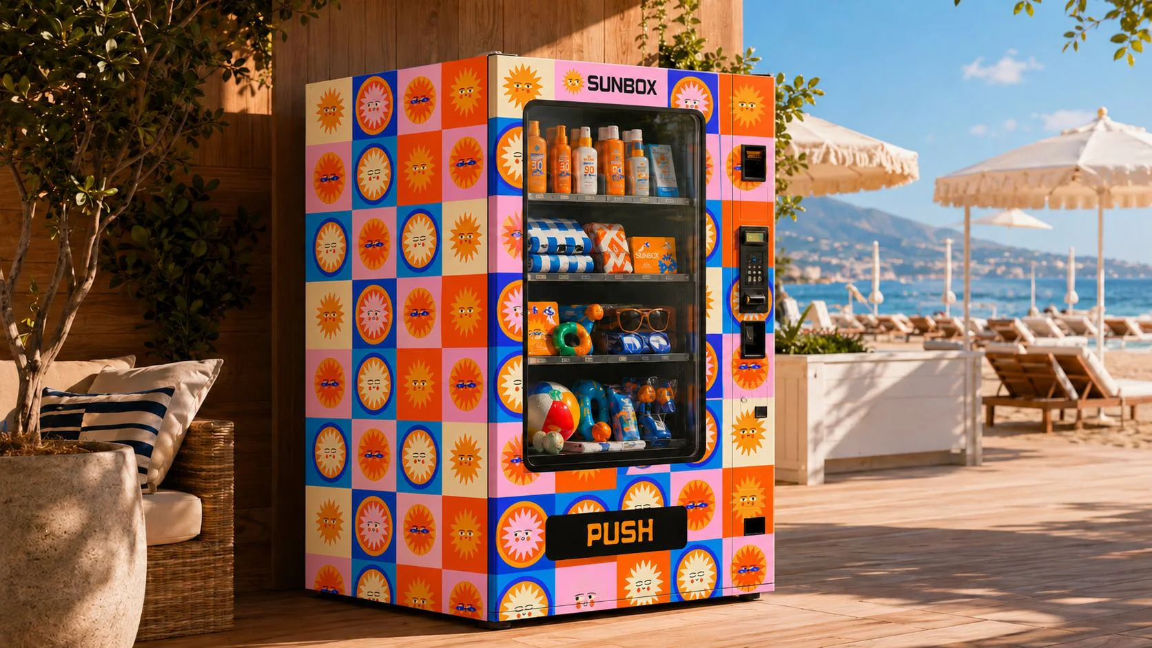 Distributore Sunbox con grafica a caselle di soli colorati, pieno di prodotti
